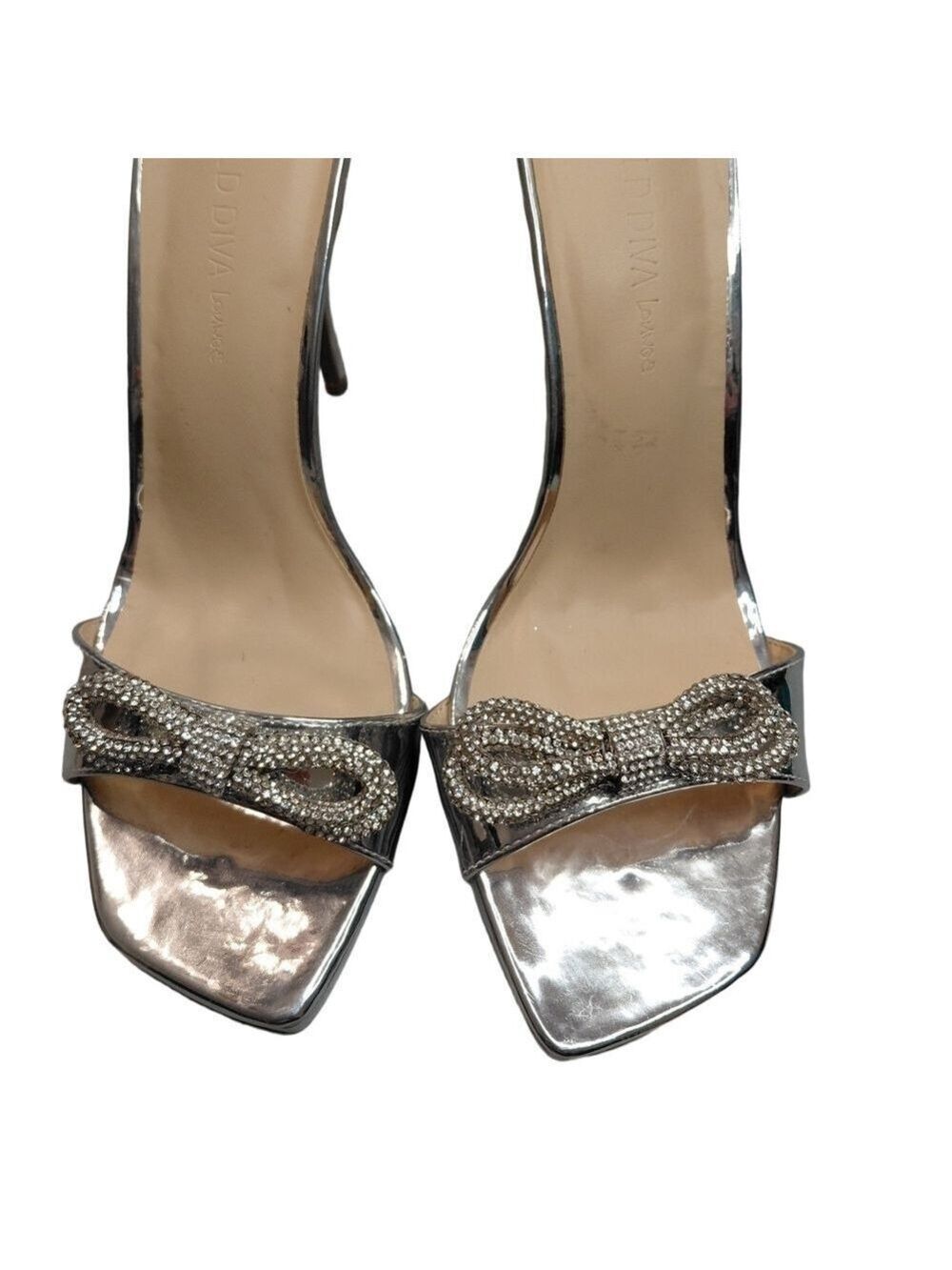 Wild Diva Lounge Rhinestone Bow Wrap Around Heels Silver Spiral leg Size 10 - Picture 3 of 6